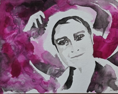 Abstrahiertes Aquarellportrait einer Frau in kontrastreichen Lila und Rosatönen